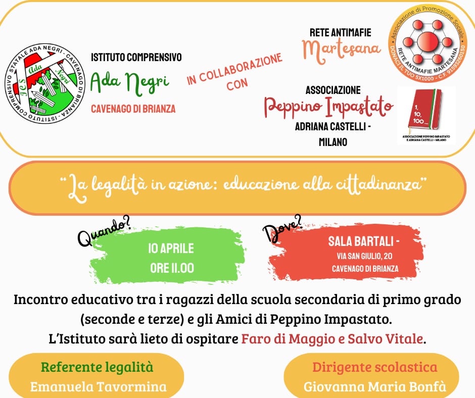 10 Apr h 11 – Incontro presso l’Istituto Ada Negri di Cavenago con Faro di Maggio e Salvo Vitale