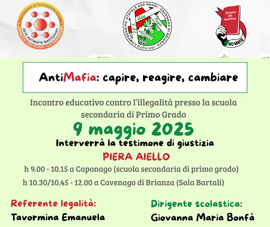 09 Mag h 9:00 Incontro con Piera Aiello presso l’Istituto Ada Negri