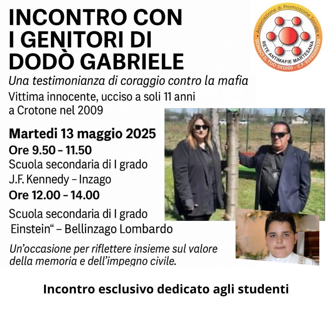 13 mag Incontriamo i genitori di Dodò Gabriele nelle scuole di Inzago e Bellinzago