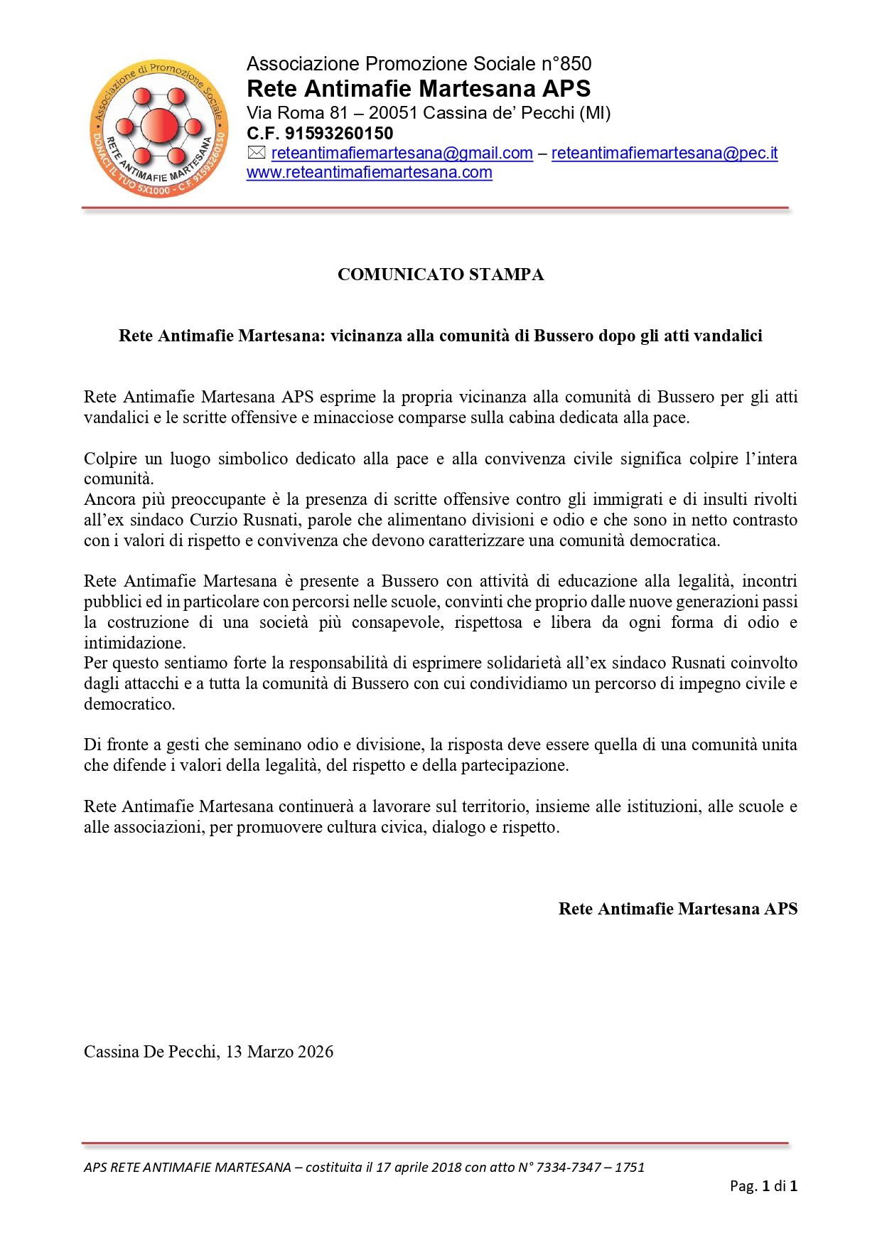 Comicato stampa🟠 BUSSERO: NO A ODIO E INTIMIDAZIONI