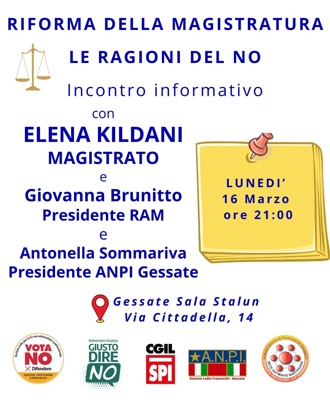 16 mar 26 h 21:00 Incontriamo Elena Kildani, Magistrato per le ragioni del NO al Referendum Giustizia
